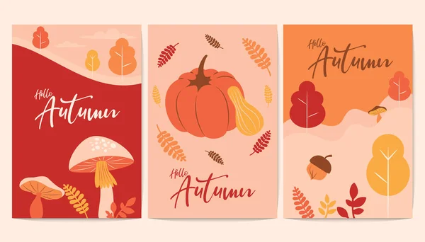 Hallo Herfst Rustieke Paddestoel Pompoen Bloemen Bladeren Gebladerte Banner Stockillustratie