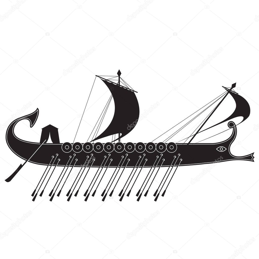 black and white image of an ancient Greek ship. vector illustration. EPS 8.
