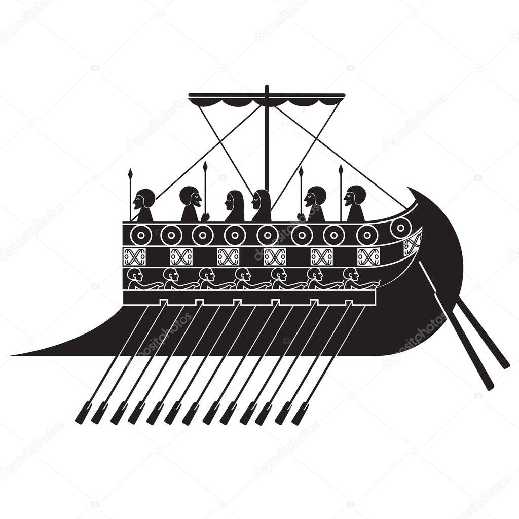 black and white image of an ancient Phoenician ship. vector illustration. EPS 8.