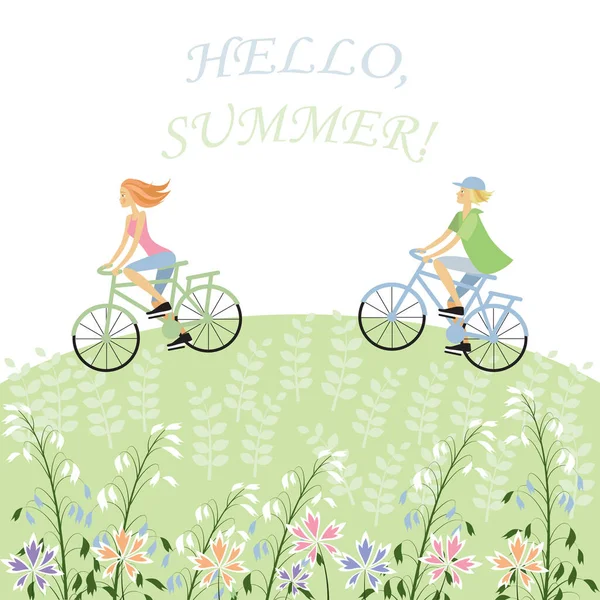 いい夏のカードだ 自転車の男の子と女の子が田舎の散歩をします 碑文こんにちは 漫画風の絵を描いています ストックイラスト — ストックベクタ