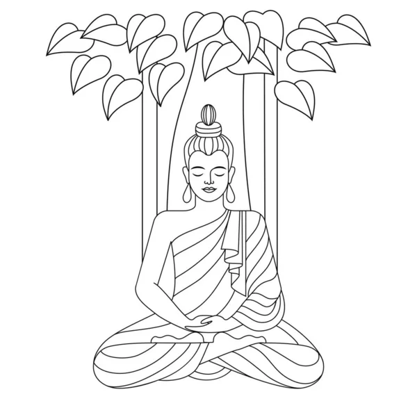 Disegno Lineare Mostra Buddha Seduto Sotto Albero Contorno Nero Sfondo — Vettoriale Stock