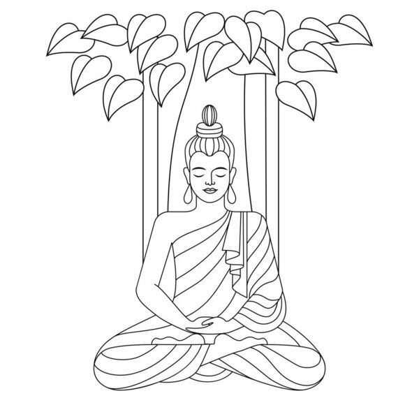 a linear drawing shows the Buddha sitting under a tree. black outline on a white background. stock  illustration. 