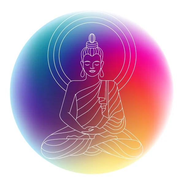 Dibujo Lineal Del Buda Contorno Blanco Gradiente Multicolor Forma Círculo — Vector de stock