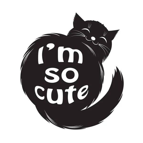Komik bir illüstrasyon. Arkasında yazı olan şişman, mutlu bir kedi. Çok tatlıyım. özet siyah beyaz çizim.