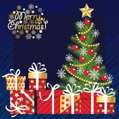 Noel tebrik kartı. Tatilin özellikleri düz bir şekilde çiziliyor. Süslü bir Noel ağacı, hediyeli kutular, bir sürü farklı kar taneleri ve mutlu noeller. Stok vektör çizimi. EPS 10.