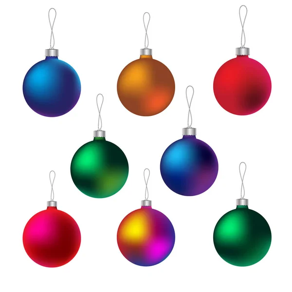 Renkli Noel baloları seti. Noel ağacı için sekiz gerçekçi süsleme. Popüler bir tatil dekorasyonu unsuru olarak kullanılabilir. Stok vektör çizimi. EPS 10.