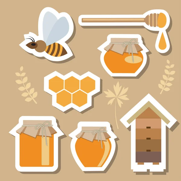 養蜂をテーマにしたステッカーのセット 蜂と蜂蜜の瓶と蜂の巣は平らな漫画風に描かれています ストックイラスト — ストックベクタ