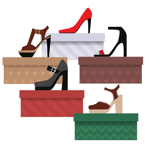Conjunto Caixas Sapatos Com Sapatos Salto Alto Das Senhoras Desenho —  Vetores de Stock
