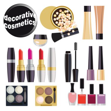 Dekoratif kozmetik eşyaları, farklı renkte ruj, pudra, oje. Düz desen. hisse illüstrasyonu. 