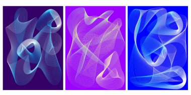 Soyut doğrusal arkaplan seti. Üç parça, dikey format, web renkleri, mavinin farklı tonları. Stok çizimi. EPS 10.