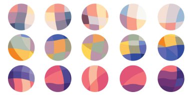 Sosyal ağlar için bir dizi parlak soyut kapak. Daire şeklinde on beş ikon. düz soyut çizimler, uyumlu renkler. Stok vektör çizimi. EPS 10.