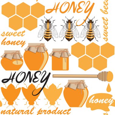 Kusursuz arı deseni, bal kavanozları, yazılı bal petekleri. Arıcılık ürünlerinin tasarımında bir arkaplan oluşturmak için kullanılabilir. Stok vektör çizimi. EPS 10.