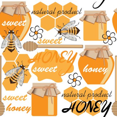 Arıların kusursuz deseni, bal kavanozları, bal yazıtları doğal ürün. Vektör çizimi. EPS 10.
