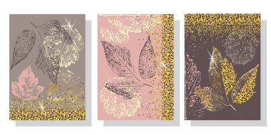 Altın desenli ve çiçekli lüks tasarım kaplama şablonu, üç seçenek. paketleme tasarımı, sosyal medya paylaşımı, kapak, afiş, duvar sanatı, botanik temalı altın soyut desen. Stok vektör çizimi. EPS 10.