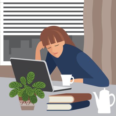 Duygusal çöküntü temasının illüstrasyonu. Dizüstü bilgisayarı olan üzgün, yorgun bir kız. Çizgi film tarzında bir çizim. hisse illüstrasyonu.