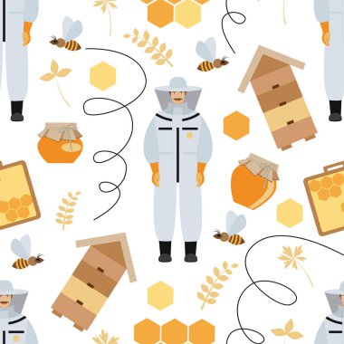 Arı yetiştiricisi, arı kovanı, arı kovanı ve bal kavanozlarında kusursuz desen. Çizgi film tarzında bir çizim. Arıcılık ürünlerinin tasarımında bir arkaplan oluşturmak için kullanılabilir. hisse illüstrasyonu.