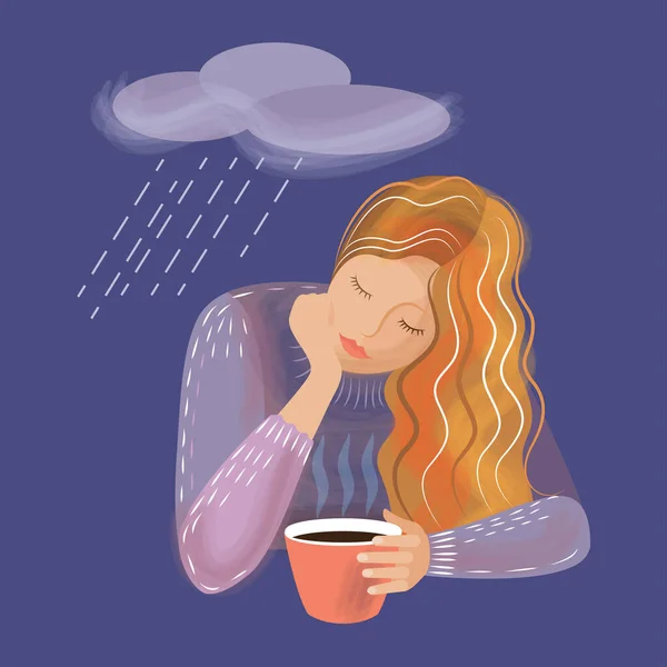 Illustration Theme Emotional Burnout Sad Girl Cup Hot Drink Imitation — Stock Vector