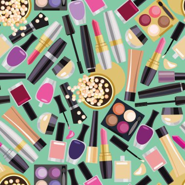 Dekoratif kozmetik eşyaların kusursuz deseni. Nesneler turkuaz bir arka planda rastgele dağılmış. Düz desen. 