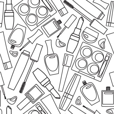 Dekoratif kozmetik eşyaların kusursuz deseni. Çizgi çizimi, siyah özet. 