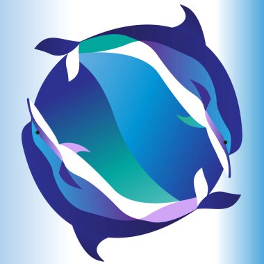 Bir çemberde iki yunus. Yuvarlak kompozisyon. Mavi renk. Vektör çizimi. EPS 10.