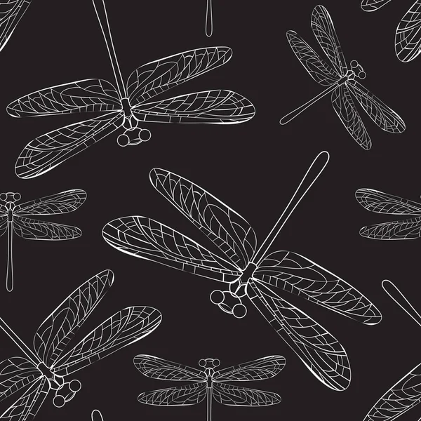 White Outline Dragonfly Black Background Makes Seamless Pattern — Stock Vector