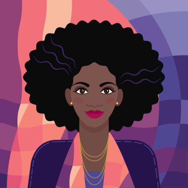 Soyut geometrik arka planda siyahi bir kadının portresi veya Afro-Amerikalı bir kadının portresi. Koyu tenli, siyah saçlı, çok renkli, soyut bir geçmişi olan, 80 'lerin tarzında, mor ve pembe renkli bir kız. düz çizim biçimi