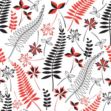 Yapraklar kusursuz bir desen oluşturuyor. üç renk: kırmızı, siyah, beyaz.