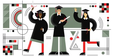 Farklı milletlerden ve ten renginden gençler sınavı geçtiler ve diploma aldılar. soyut