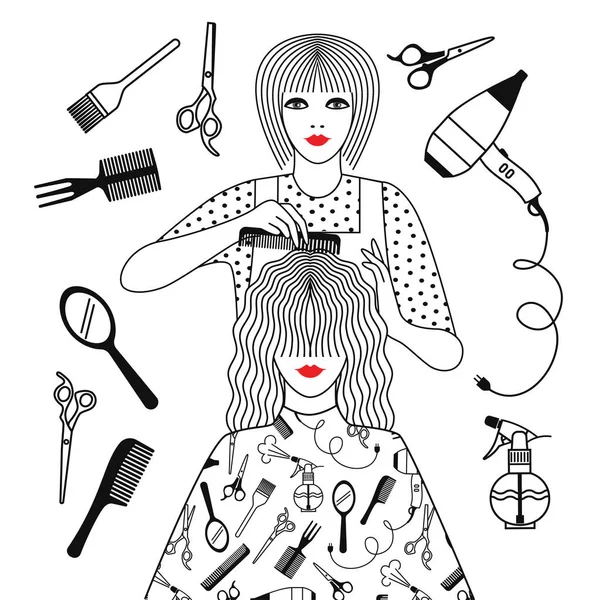 a girl in a beauty salon does her hair at the hairdresser. around the Barber\'s tools. linear black and white drawing. stock  illustration.