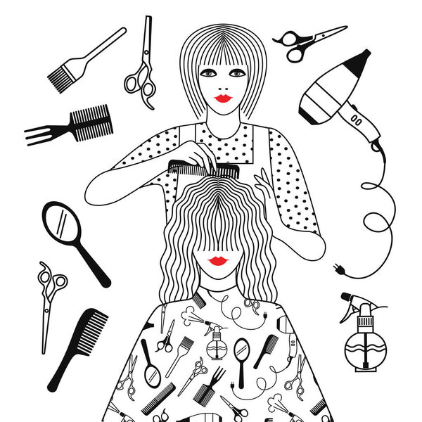 a girl in a beauty salon does her hair at the hairdresser. around the Barber's tools. linear black and white drawing. stock  illustration.