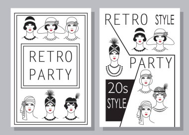 Bir dizi kartpostal, geçen yüzyılın tarzında bir retro partiye davetiyeler. Doğrusal siyah-beyaz çizimler, bir sürü farklı kadın resimleri, yazıt retro partisi.. 
