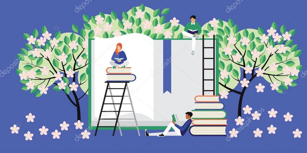 a positive illustration of the benefits of reading. young people of different nationalities read books among the flowering trees. the flat pattern. stock illustration.