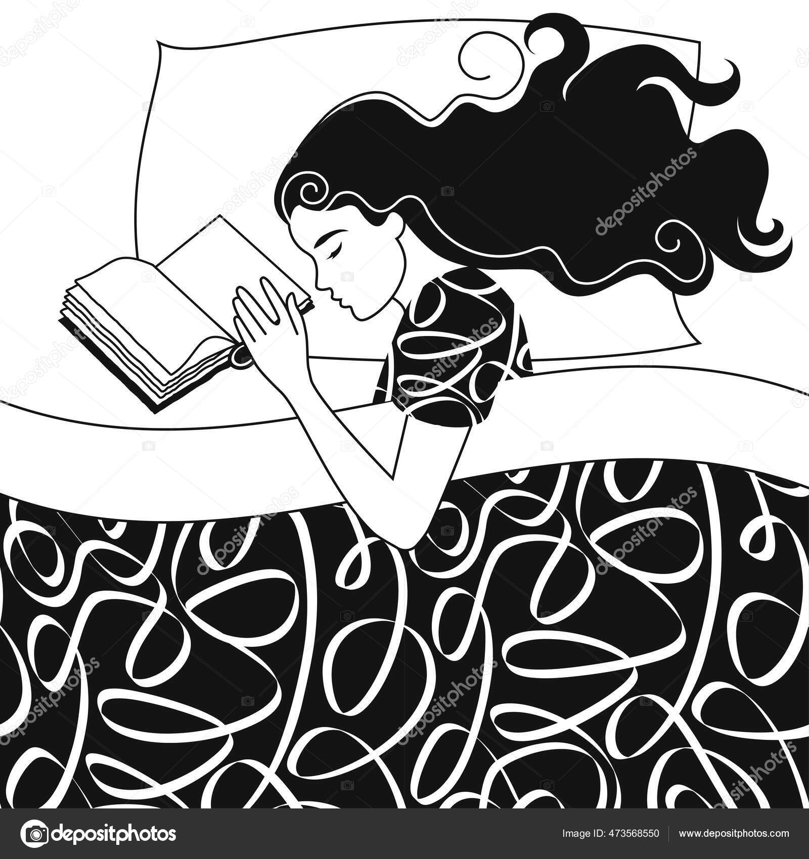 Um desenho preto e branco de uma menina com cabelo comprido.