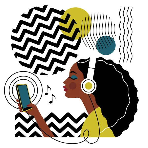 Chica Adolescente Piel Oscura Con Auriculares Escucha Música Línea Collage — Archivo Imágenes Vectoriales