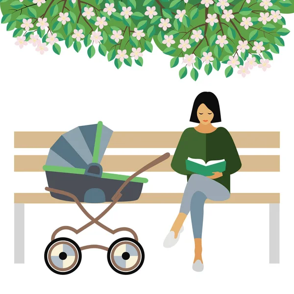 Menina Com Uma Carruagem Bebê Está Sentado Banco Parque Livre — Vetor de Stock
