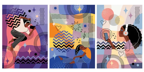 Soyut geometrik posterler, kapaklar, afişler. Esmer tenli bir genç kız çeşitli cihazlarda müzik dinler. Kartpostal şeklinde üç seçenek vardır. Stok vektör çizimi. EPS 10.