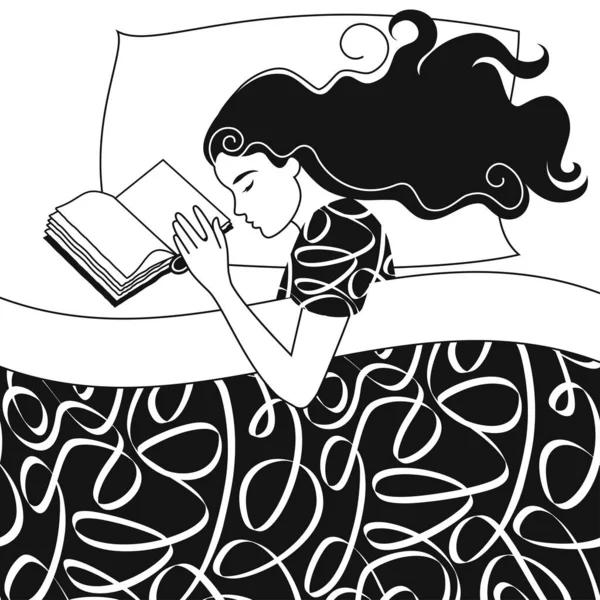 Uzun Siyah Saçlı Genç Bir Kız Bir Kitapla Yatakta Uyuyakaldı — Stok Vektör