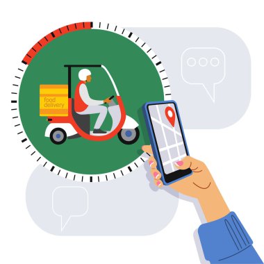 Modern teknolojilerin yardımıyla yiyecek teslimatı. Kadının eli telefonu tutuyor, teslimat işlemini motosikletle gösteriyor. Çizgi film tarzında düz çizim. Stok vektör çizimi. EPS 10.