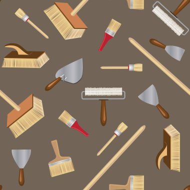 Boya fırçalarının kusursuz deseni ve koyu arkaplandaki boya ve onarım araçları.