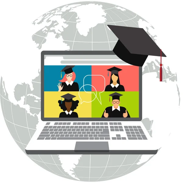 Ilustración Sobre Tema Educación Internacional Línea Con Ayuda Las Tecnologías — Vector de stock