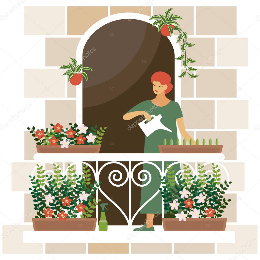 a young woman tending a small garden on the balcony. flowering plants in boxes and pots adorn the balcony. a drawing in the style of the cartoon. stock  illustration.