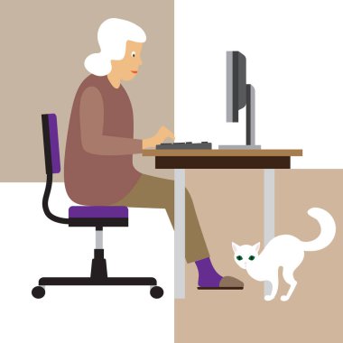 Yaşlı bir kadın evde bilgisayar başında çalışıyor. düz çizim, gizli renkler.