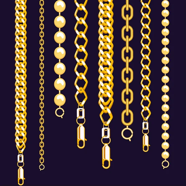 Золоті Ланцюжки Браслети Різних Типів Замками Спрямовані Зверху Вниз Темно — стоковий вектор