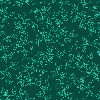 Kusursuz doğrusal desen yeşil arkaplandaki bitki elementlerinden oluşur. Mevsimlik dekorasyon için parlak bir arka plan olarak kullanılabilir. Stok vektör çizimi. EPS 10.
