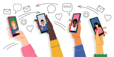 Modern iletişim konularında vektör çizimi. Farklı ten renginde eller telefonları tutar, insanlar farklı milletlerin engelleyicilerinin ekranlarında görüntülü arama yapar. Stok vektör çizimi. EPS 10.