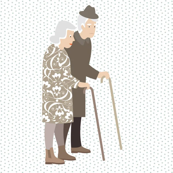 一个老年妇女和一个拿着手杖散步的老年男子 平面图案 — 图库矢量图片
