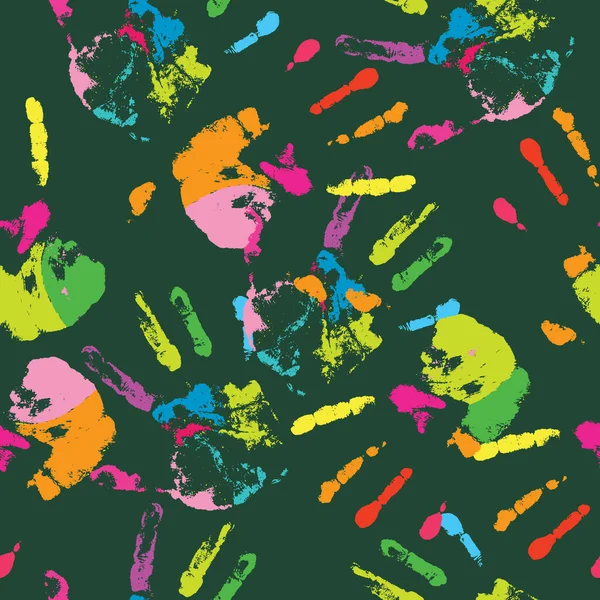 Motif Sans Couture Empreintes Mains Humaines Multicolores Sur Fond Vert — Image vectorielle