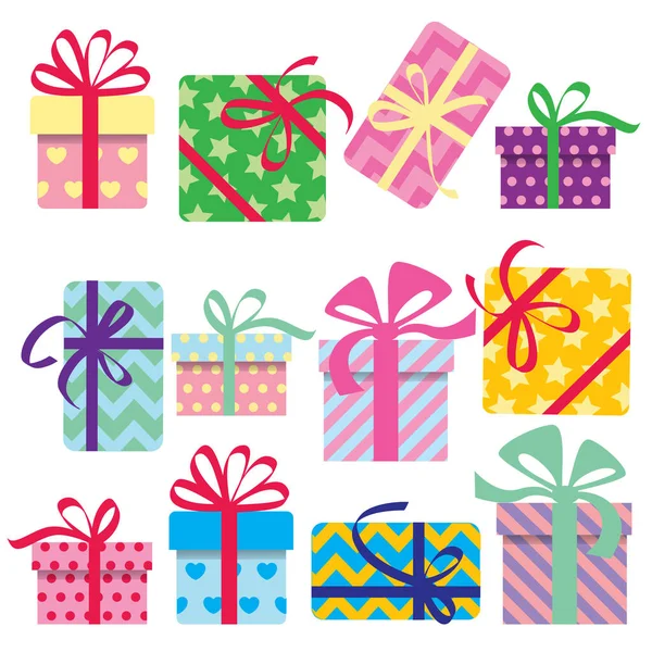 Set Gift Boxes Different Shapes Colors Different Versions Bows Ribbons — Stock vektor