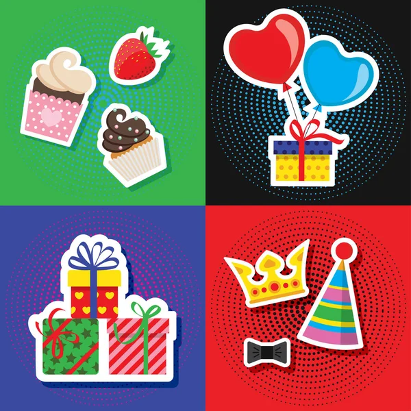 birthday symbols and accessories in the style of pop art. gifts, festive hats, sweet treats are drawn in the form of bright stickers on a retro background. stock vector illustration. EPS 10.