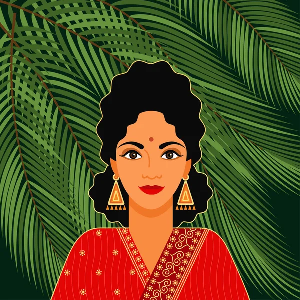 Портрет Індійської Краси Задньому Плані Пальмового Листя Юна Жінка Національній — стоковий вектор